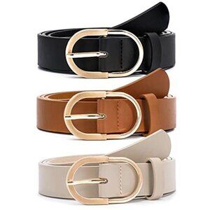 Womens Belts for Jeans Pants Fashion PU Leather Dress Belt Gold Buckle 3 Pack